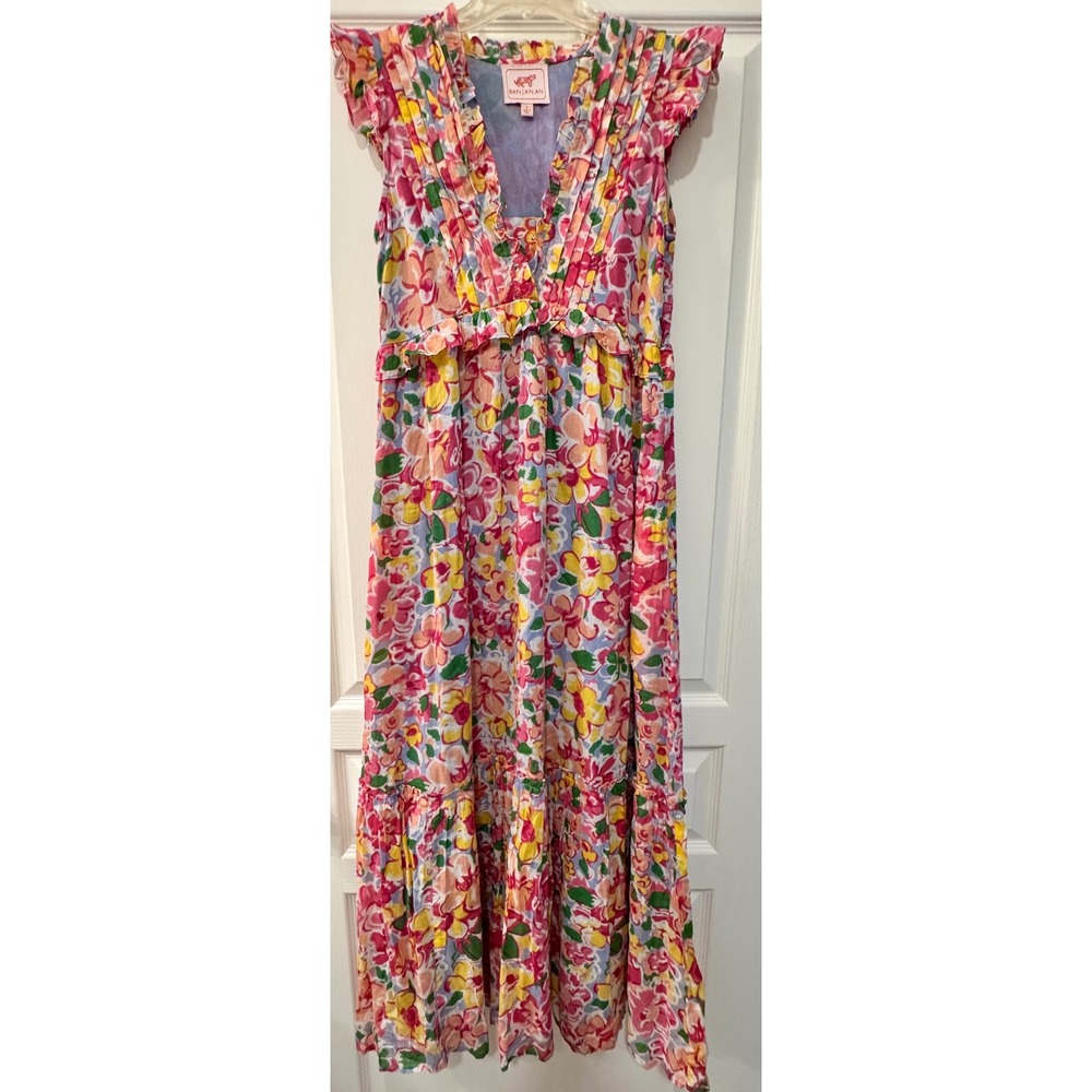 Banjanan Iris Floral Cotton Maxi Dress V-Neck Ruffle Tiered Pink Yellow Small